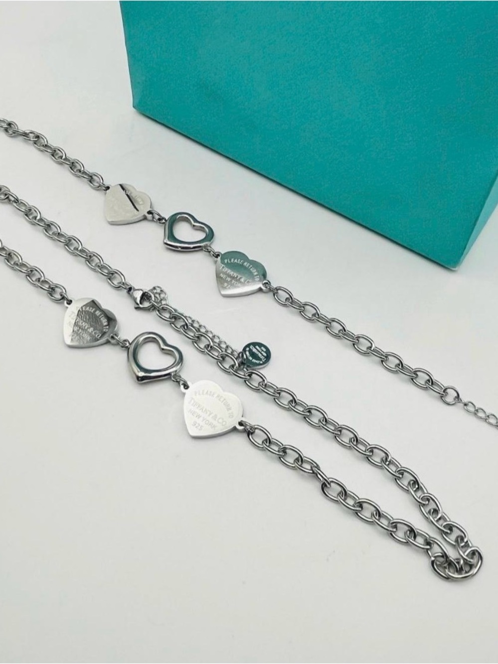 Stainless steel Silver-Tone Heart Link Necklace with Turquoise Box Accent no box